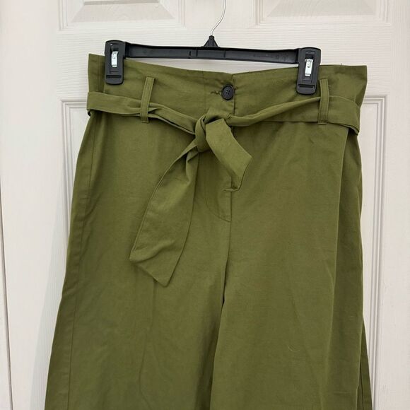 Iris & Ink Wide Leg Paperbag Pants Size 10 Green Made in Italy 100% Cotton - Picture 2 of 9